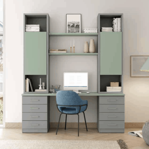 Mesa de estudio con librería y estante de pared zinc/menta