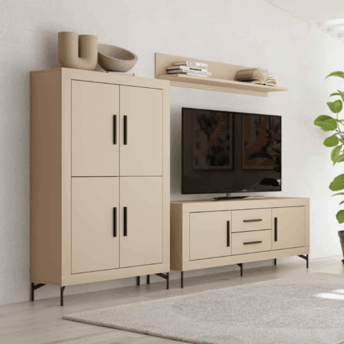 Mueble TV + módulo 4 puertas + estante perla