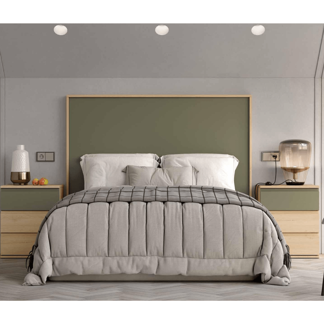 Cabecero para cama de matrimonio + mesitas roble/oliva