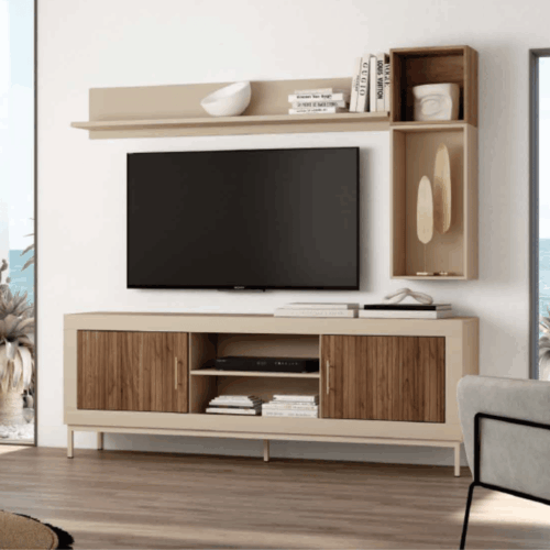 Composición de salón con mueble de TV + módulo de 2 puertas + alto + estante