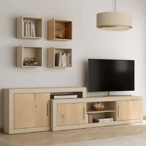 Mueble de TV perla/roble + 4 cubos para colgar