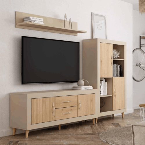 Mueble de TV + módulo + estanteria perla/roble/lined roble