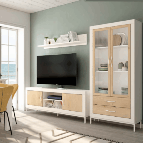 Mueble TV + vitrina + estante soul blanco/roble