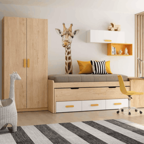 Dormitorio juvenil en tonos bambú, blanco y mostaza
