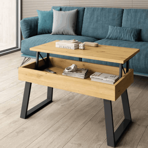 Mesa de centro elevable con patas metálicas trapecio