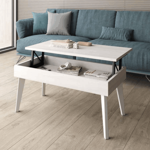 Mesa de centro elevable con patas metálicas inclinadas