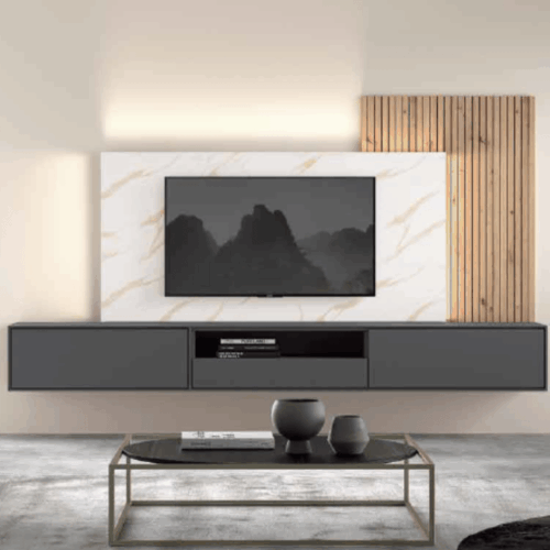 Mueble de salón colgado con paneles rustig/grafito/marmol