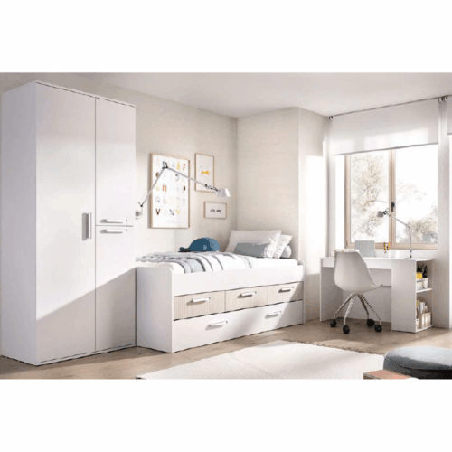Cama compacta blanca/alistonada + armario + escritorio