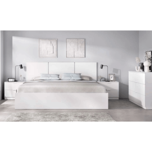 Dormitorio compuesto por cabecero + 2 mesitas de noche + cómoda blanca