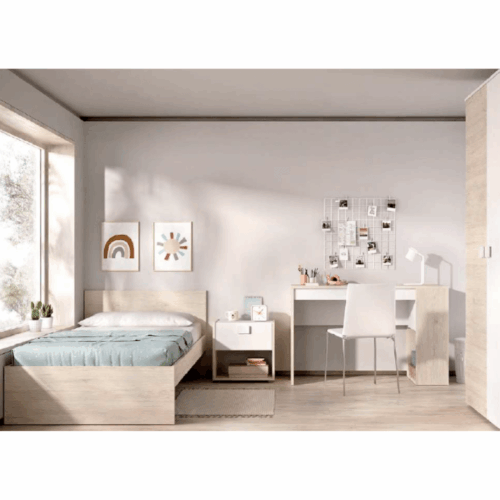 Conjunto natural/blanco de cama + mesita + escritorio