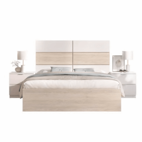 Cabezal natural/blanco + 2 mesitas 2 cajones natural + aro de cama