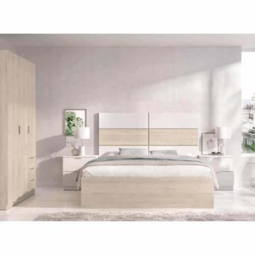 Cabezal natural/blanco + 2 mesitas natural + aro de cama + armario