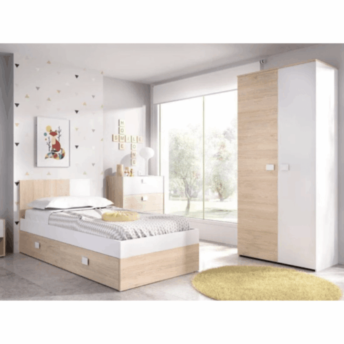 Dormitorio juvenil natural/blanco con 2 cajones + mesita de noche + cómoda + armario
