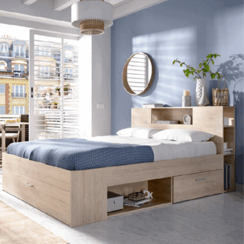 Cama de matrimonio compacta con almacenaje