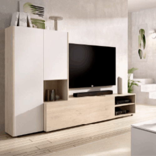 Mueble TV + módulo alto blanco/natural