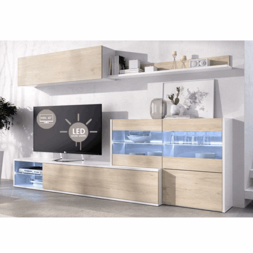 Mueble de salón adaptable con vitrina y leds