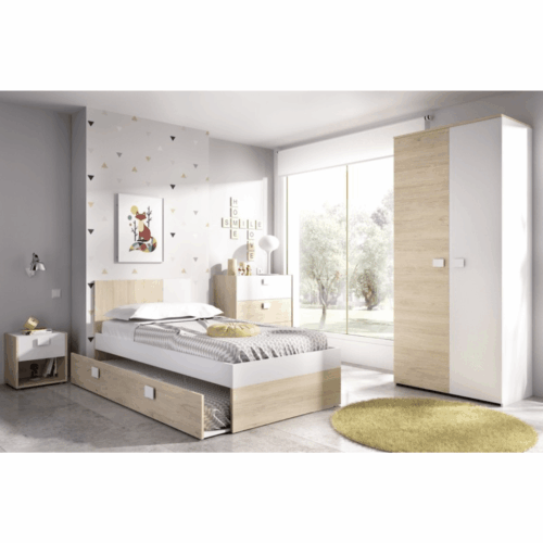 Dormitorio juvenil completo con arrastre + mesita de noche + cómoda + armario