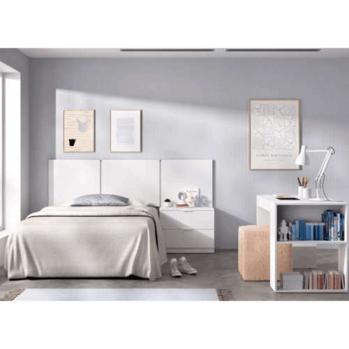 Dormitorio blanco con cabezal con mesita de noche integrada + escritorio