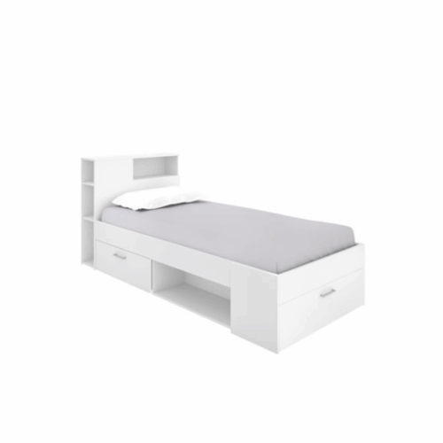 Cama compacta juvenil blanca + Estantes + 2 Cajones