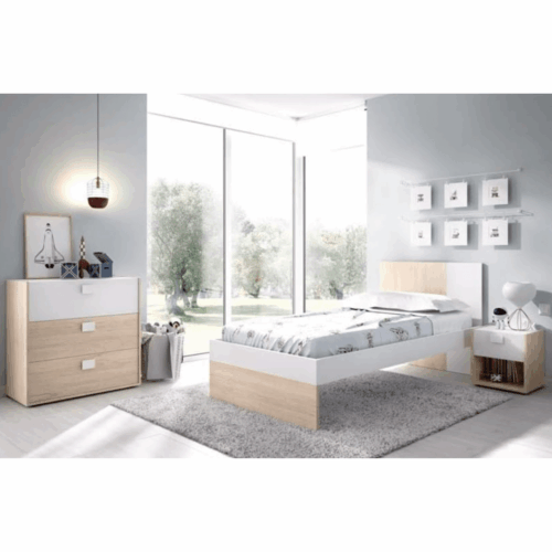 Dormitorio juvenil con cama 90x190 cm + mesita de noche + cómoda