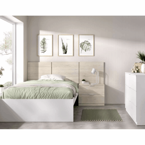 Cabezal + mesita + aro de cama + escritorio natural/blanco