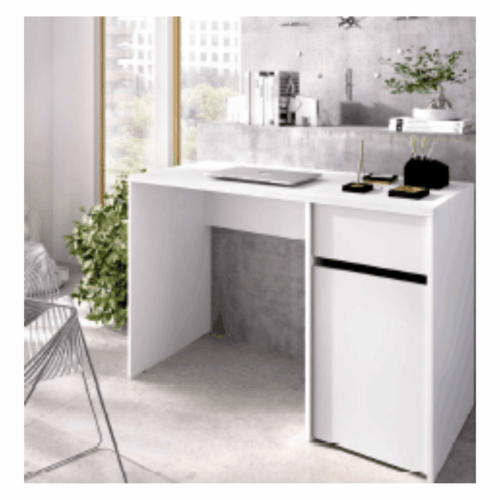 Mesa de escritorio blanca con 1 cajón y una puerta