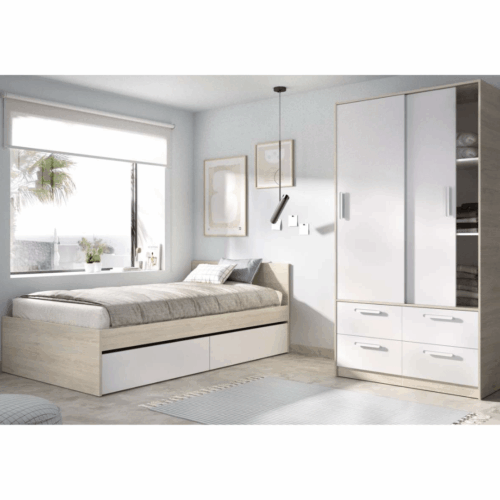 Conjunto natural/blanco cama con 2 cajones + armario de 2 puertas correderas