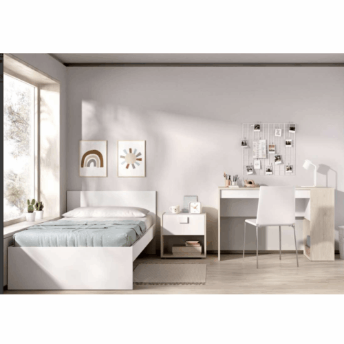 Dormitorio juvenil blanco/natural con cama + mesita + escritorio