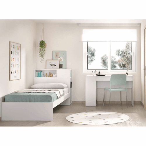 Dormitorio juvenil blanco con cabecero + escritorio