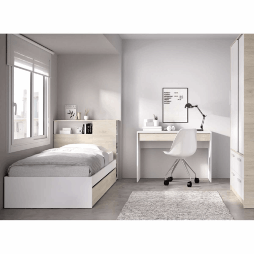 Dormitorio juvenil con cama 2 cajones + escritorio + armario