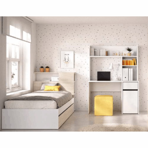 Dormitorio juvenil con cabezal + arrastre + escritorio + armario 2 puertas