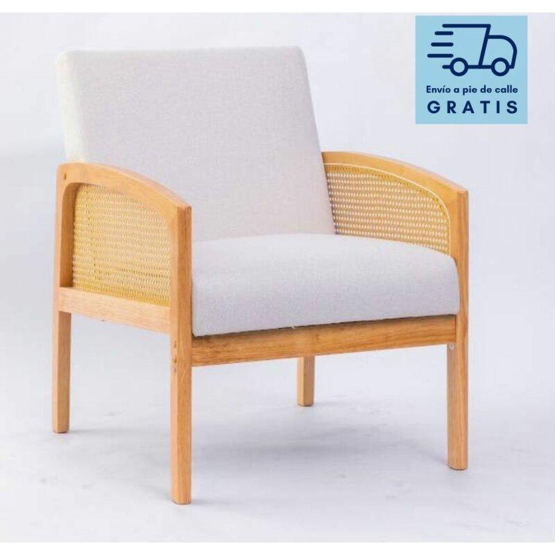 Butaca para salón de madera y ratán color beige