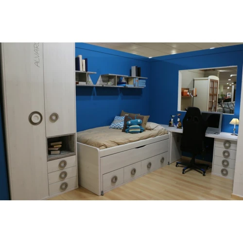 Dormitorio juvenil con cama compacta, armario y escritorio