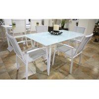 Mesa con tapa de cristal para jardín con 4 sillas en aluminio blanco