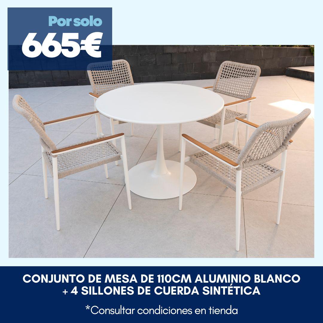 conjunto de jardín con mesa de aliminio y 4 sillas en cuerda sintética
