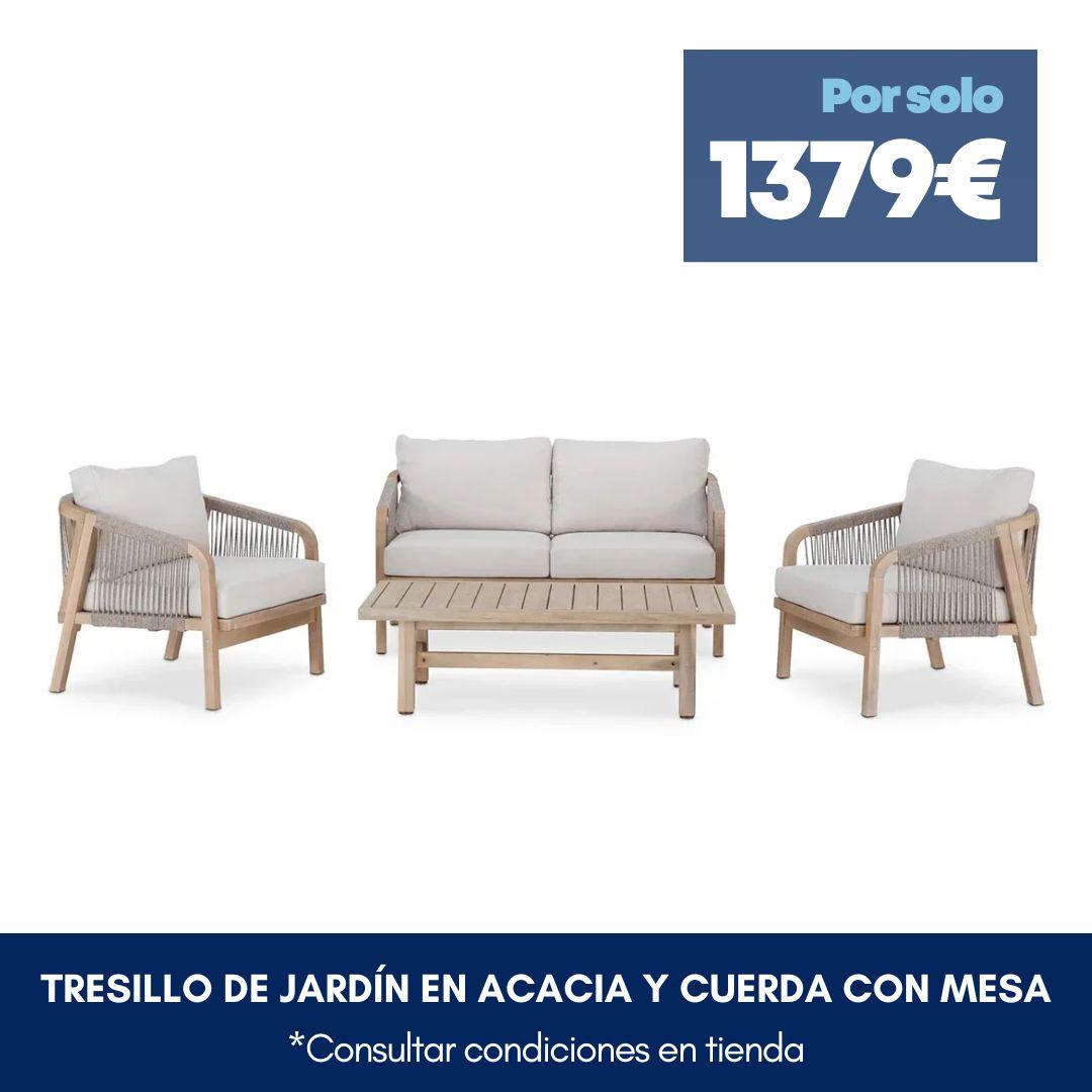 tresillo de 4 plazas en acacia y cuerda con mesa