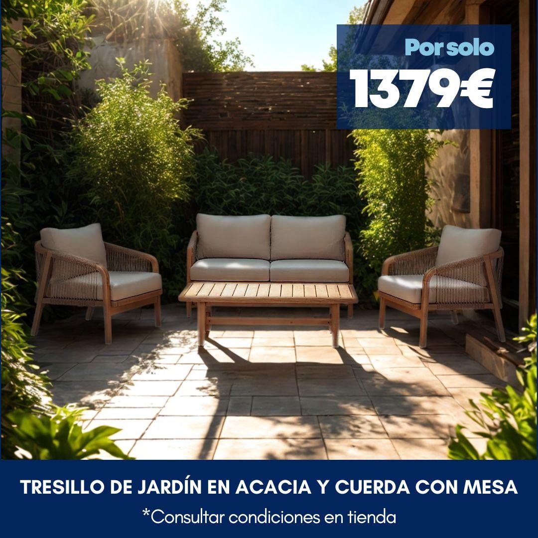 tresillo de jardín 4 plazas en acacia y cuerda con mesa