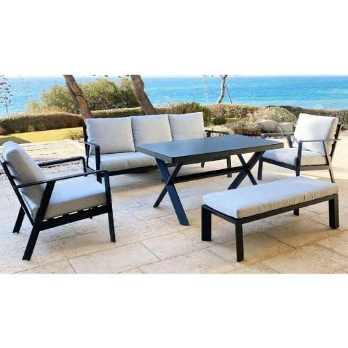 Conjunto de jardín en aluminio con mesa alta