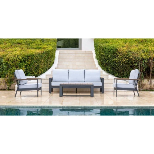 Conjunto de jardín de aluminio con cojines y acabado imitación madera