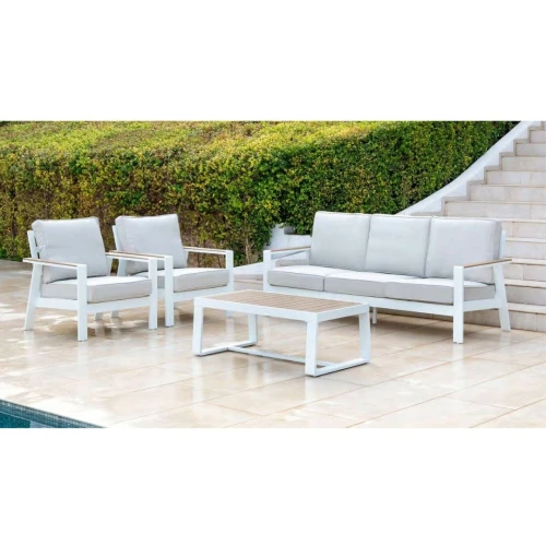 Conjunto de jardín de aluminio con cojines y acabado imitación madera turquia