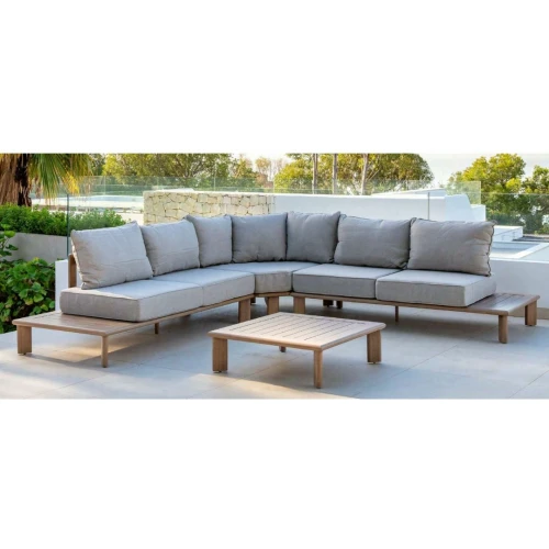 Rinconera de jardín y mesa de centro en aluminio imitación madera