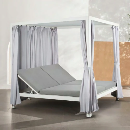 Tumbona doble para jardín con techo y cortinas
