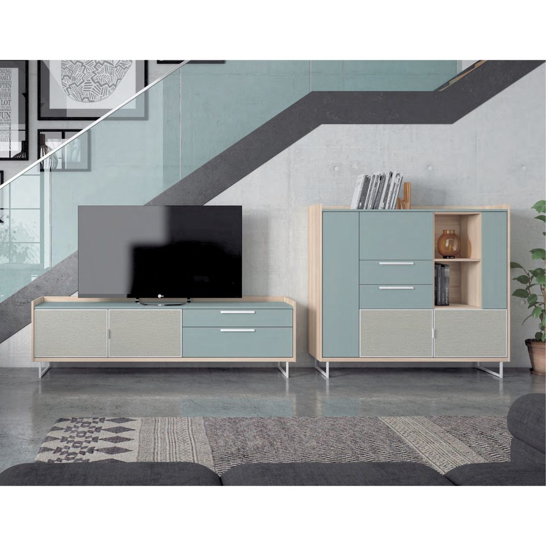 Mueble TV con puertas textil y patas de aluminio - Imagen 2