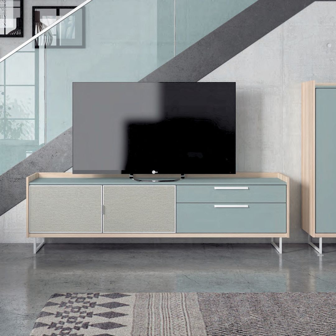 Mueble TV con puertas textil y patas de aluminio