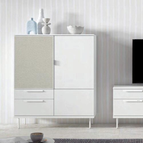 Aparador blanco mate y naturale puerta textil