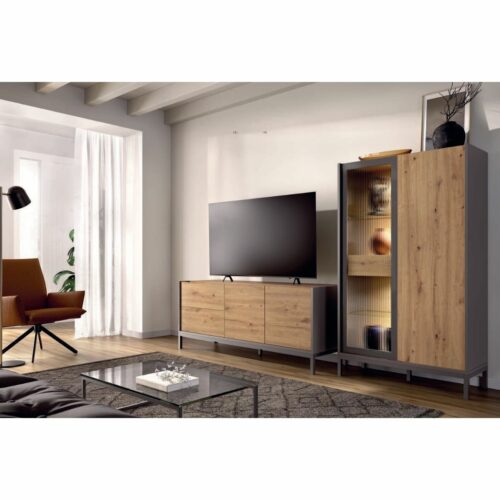 Composición de salón mueble TV y vitrina en madera y grafito
