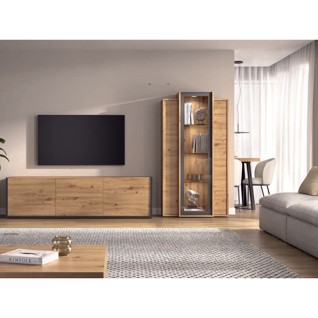 Composición mueble tv y amplia vitrina con 3 puertas