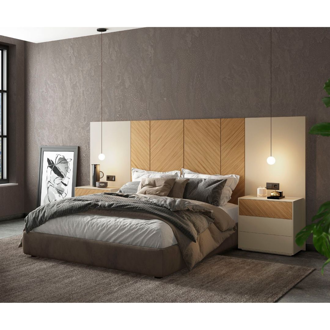 Cabecero roble natural 150 cm con panel liso y 2 mesitas