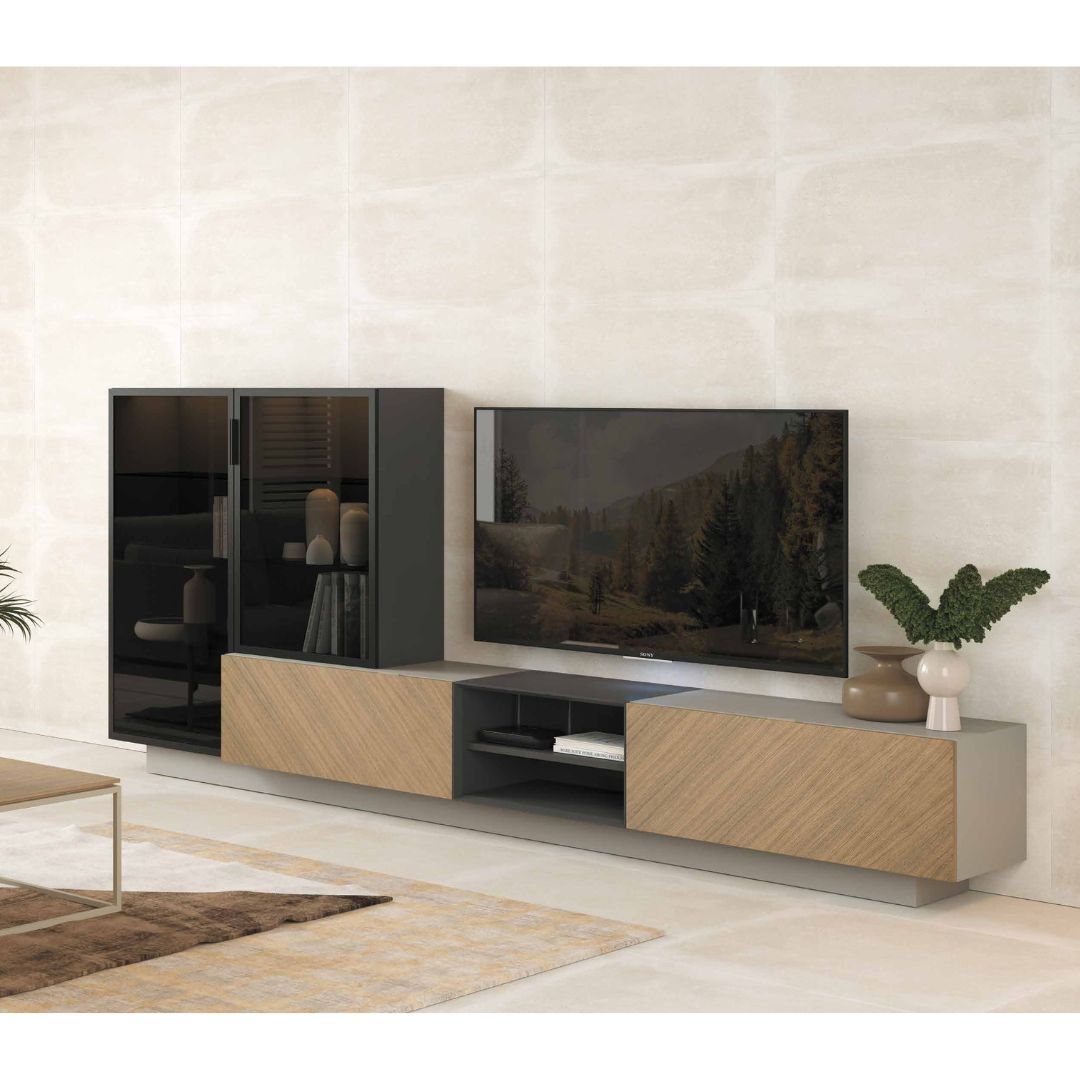 Composición modular de salón con vitrina y luces LED