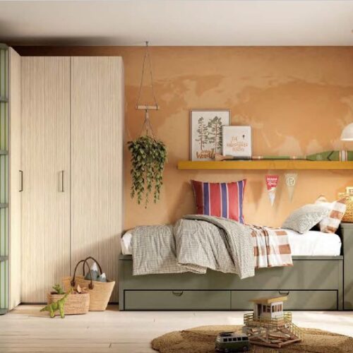 Dormitorio juvenil con cama compacta, arcón con escritorio extraíble y armario en rincón